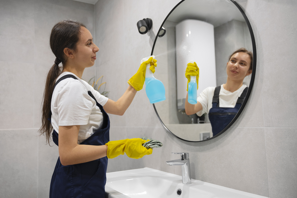 Persona limpiando un espejo de baño con guantes protectores y un limpiador en spray, logrando una superficie brillante y libre de residuos.